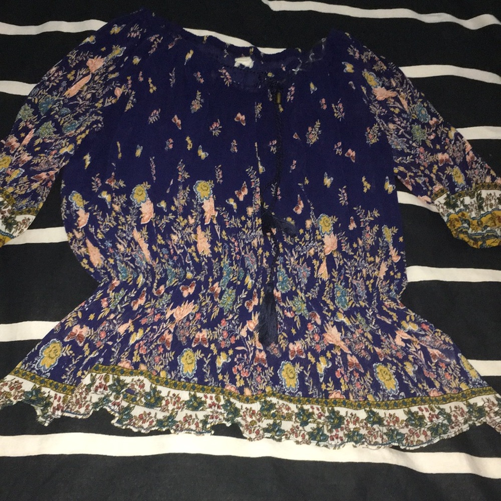 Pleated bohemian navy blue floral chiffon 3/4 sleeve blouse